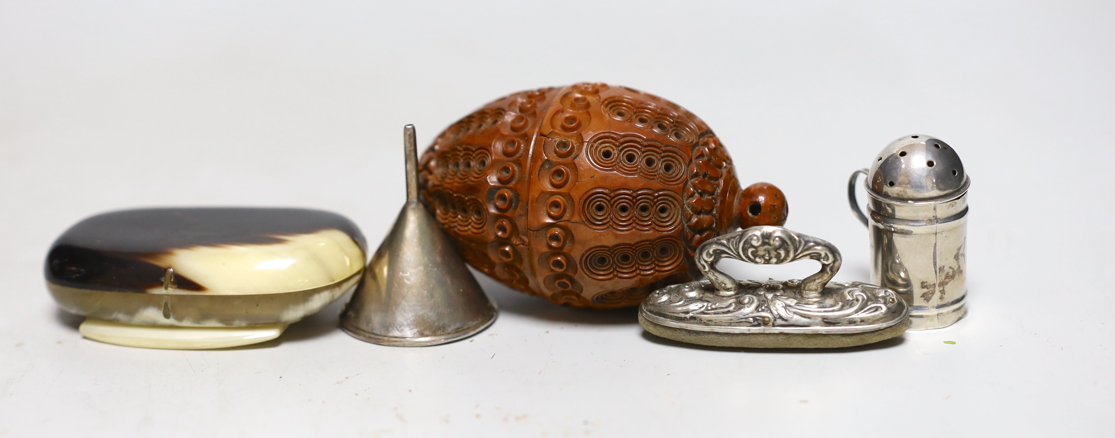 Eight mother of pearl mounted fruit of pocket knives and a small silver funnel, etc, including treen items, small silver pepperette and nail buffer.
